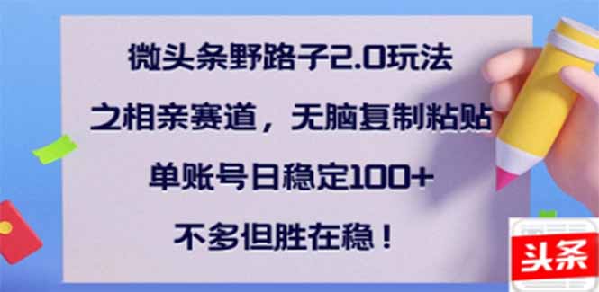 （14334期）微头条野路子2.0玩法之相亲赛道，无脑搬砖复制粘贴，单账号日稳定300+…-铜乾网络